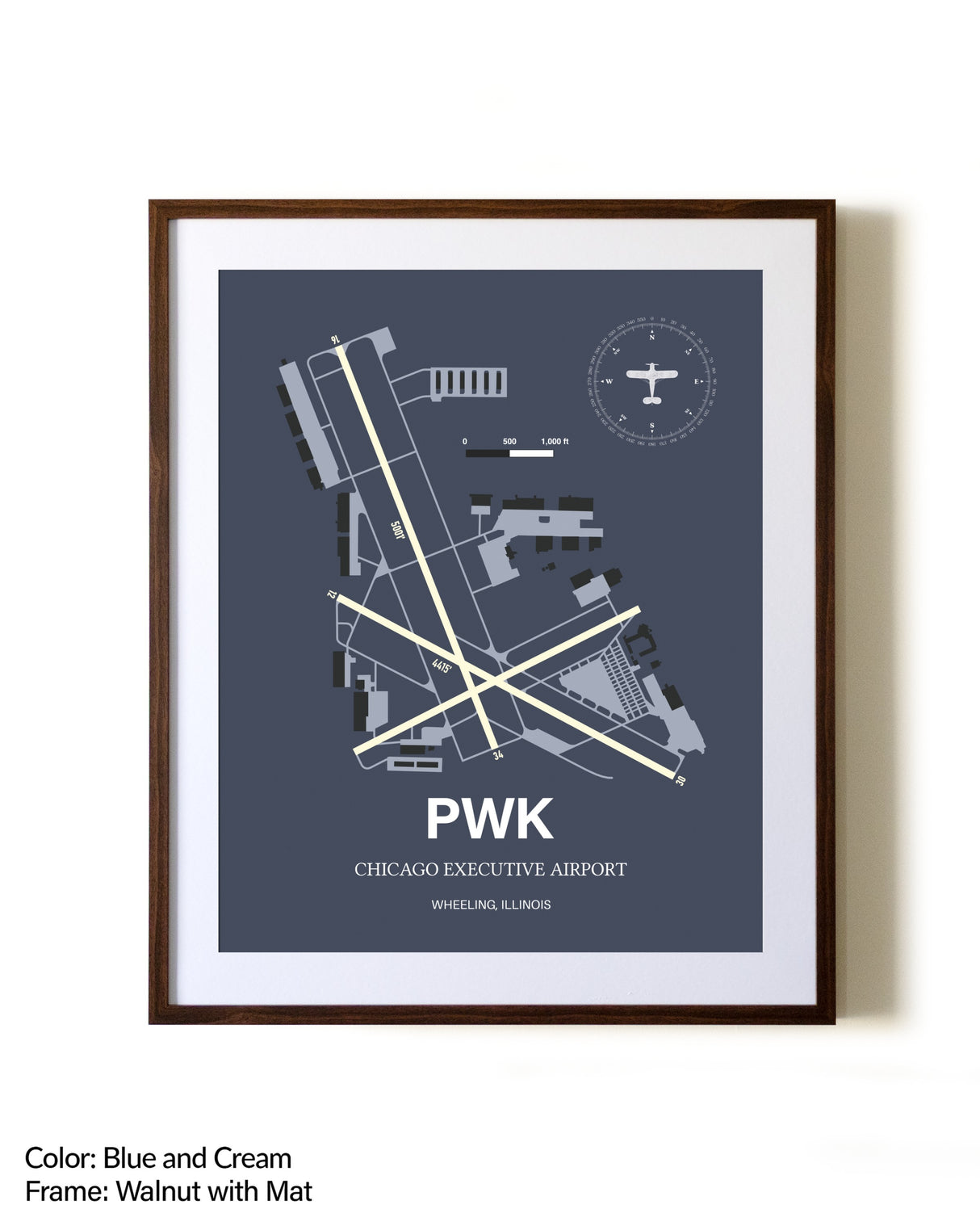 Chicago Executive Airport aviation print in walnut frame with mat