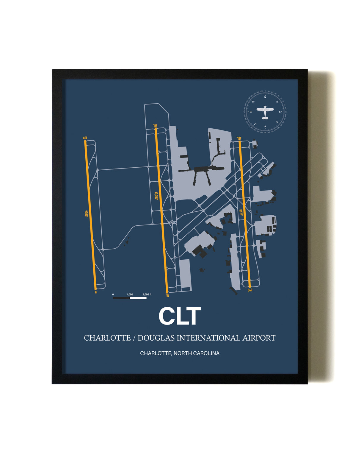 Blue and Yellow Framed Charlotte / Douglas International Airport wall art poster in black frame