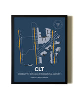 Blue and Yellow Framed Charlotte / Douglas International Airport wall art poster in black frame