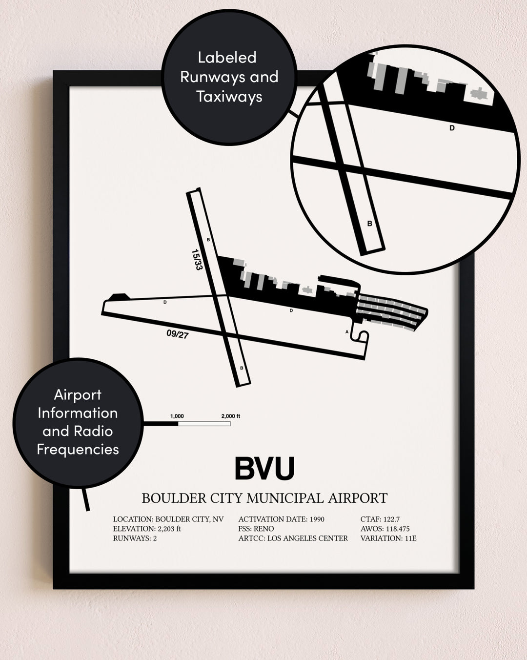 Framed Boulder City Municipal Airport layout wall art poster