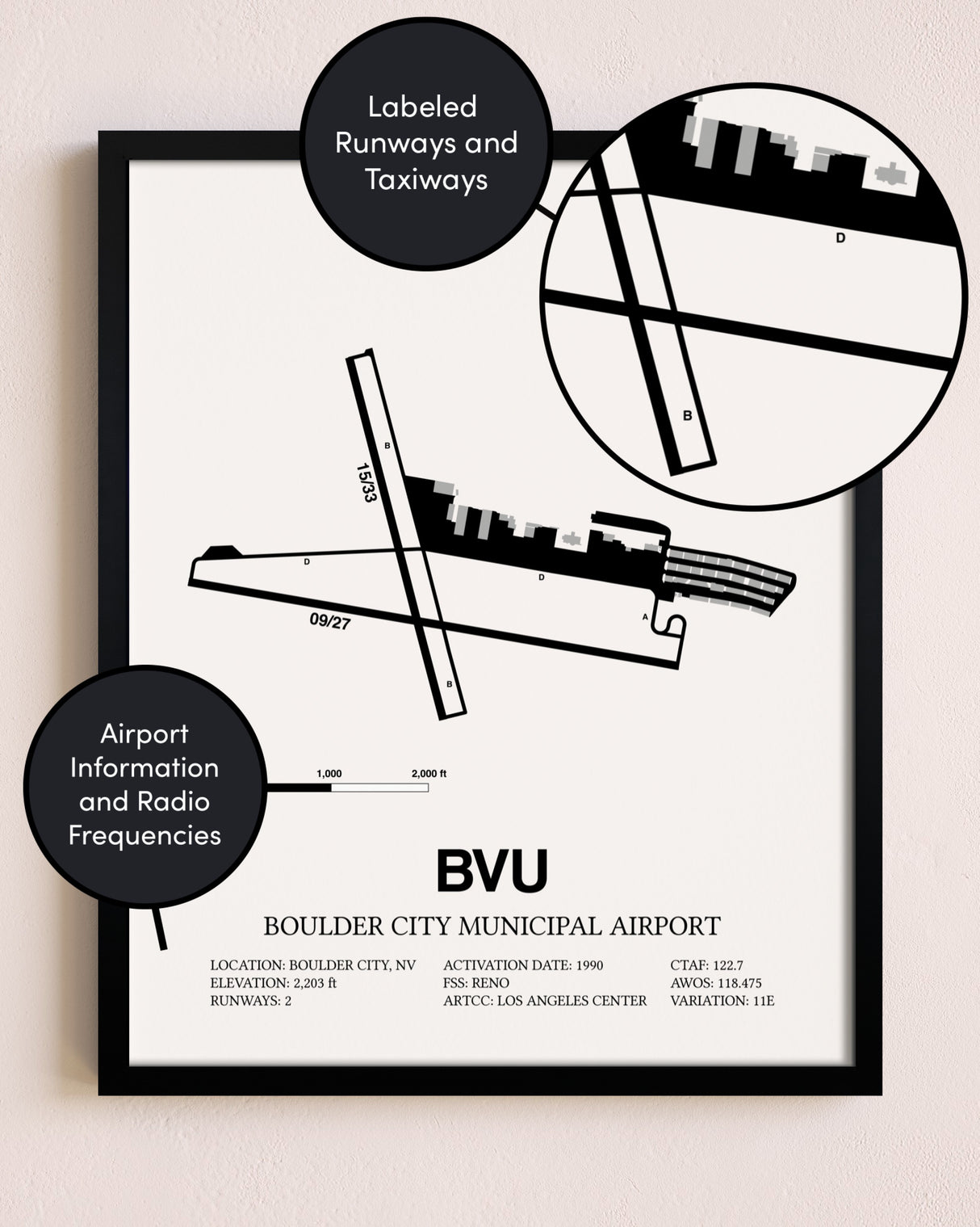 Framed Boulder City Municipal Airport layout wall art poster