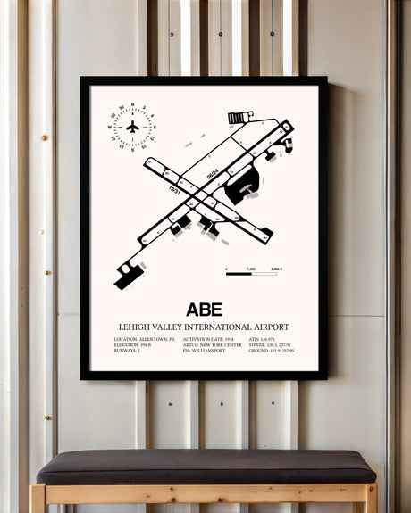 Lehigh Valley International Airport framed poster displayed in an airplane hangar