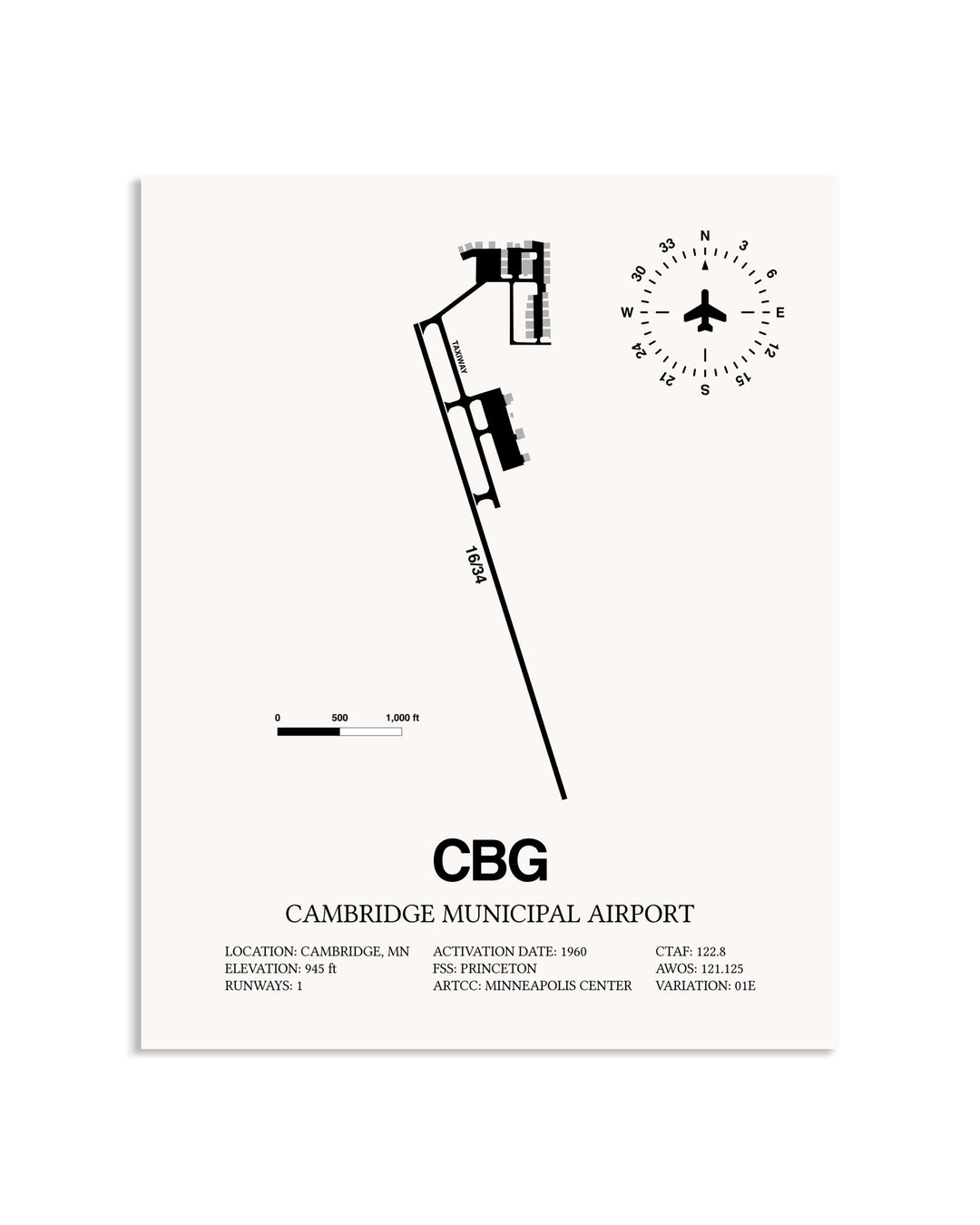 Gray Cambridge Municipal Airport framed poster displayed in an airplane hangar
