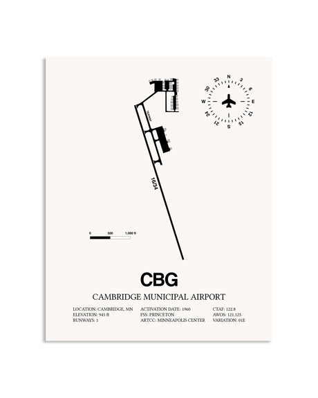 Gray Cambridge Municipal Airport framed poster displayed in an airplane hangar