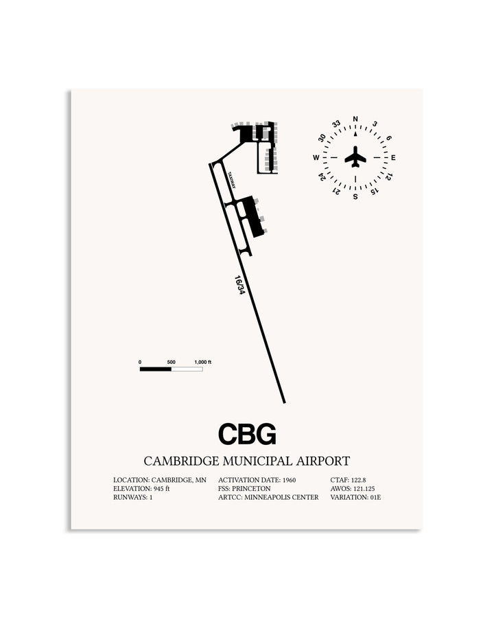 Gray Cambridge Municipal Airport framed poster displayed in an airplane hangar