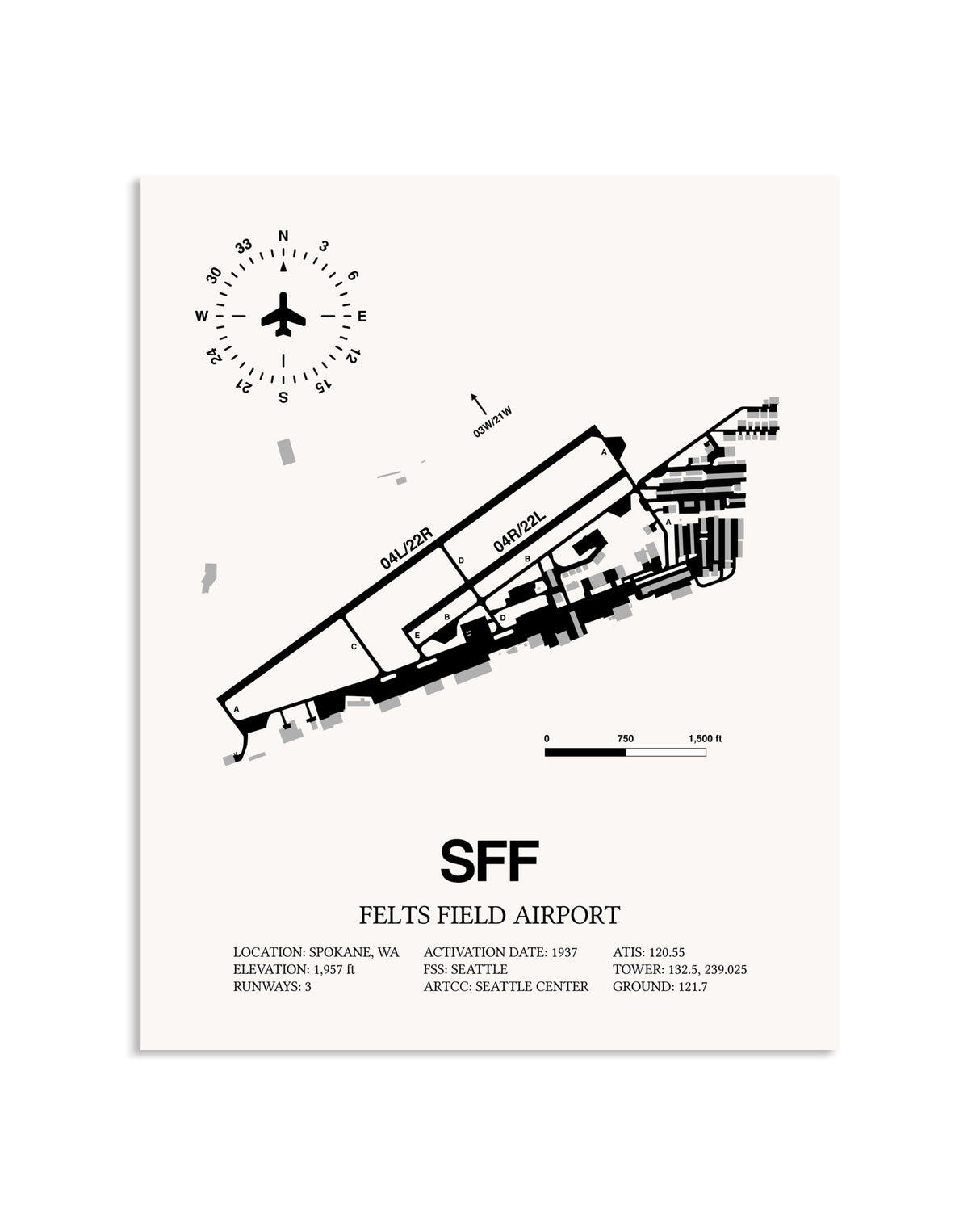 Gray Felts Field Airport framed poster displayed in an airplane hangar