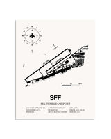 Gray Felts Field Airport framed poster displayed in an airplane hangar