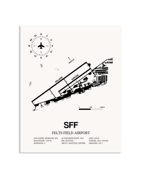 Gray Felts Field Airport framed poster displayed in an airplane hangar