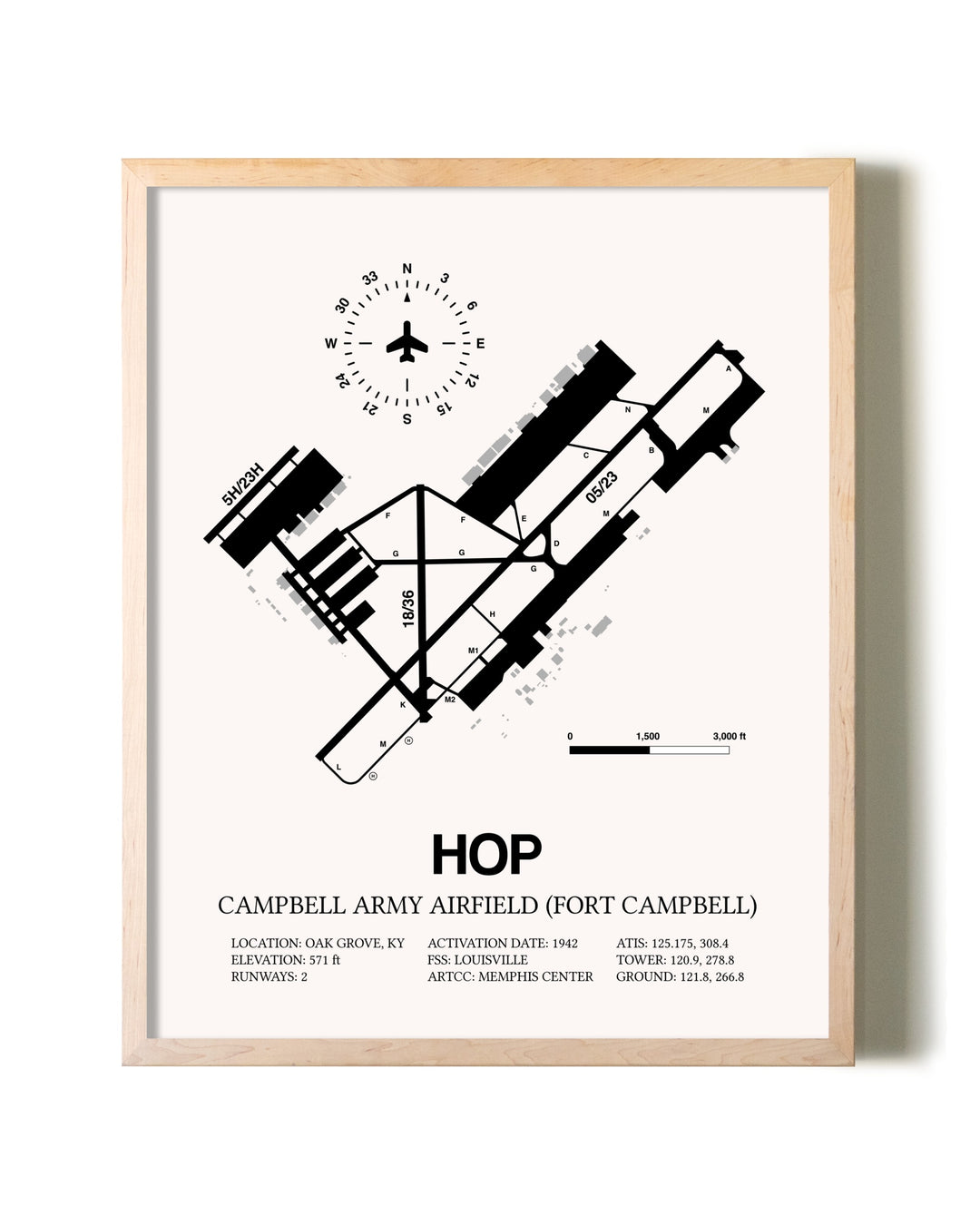 Campbell Army Airfield (Fort Campbell) framed wall art in white frame