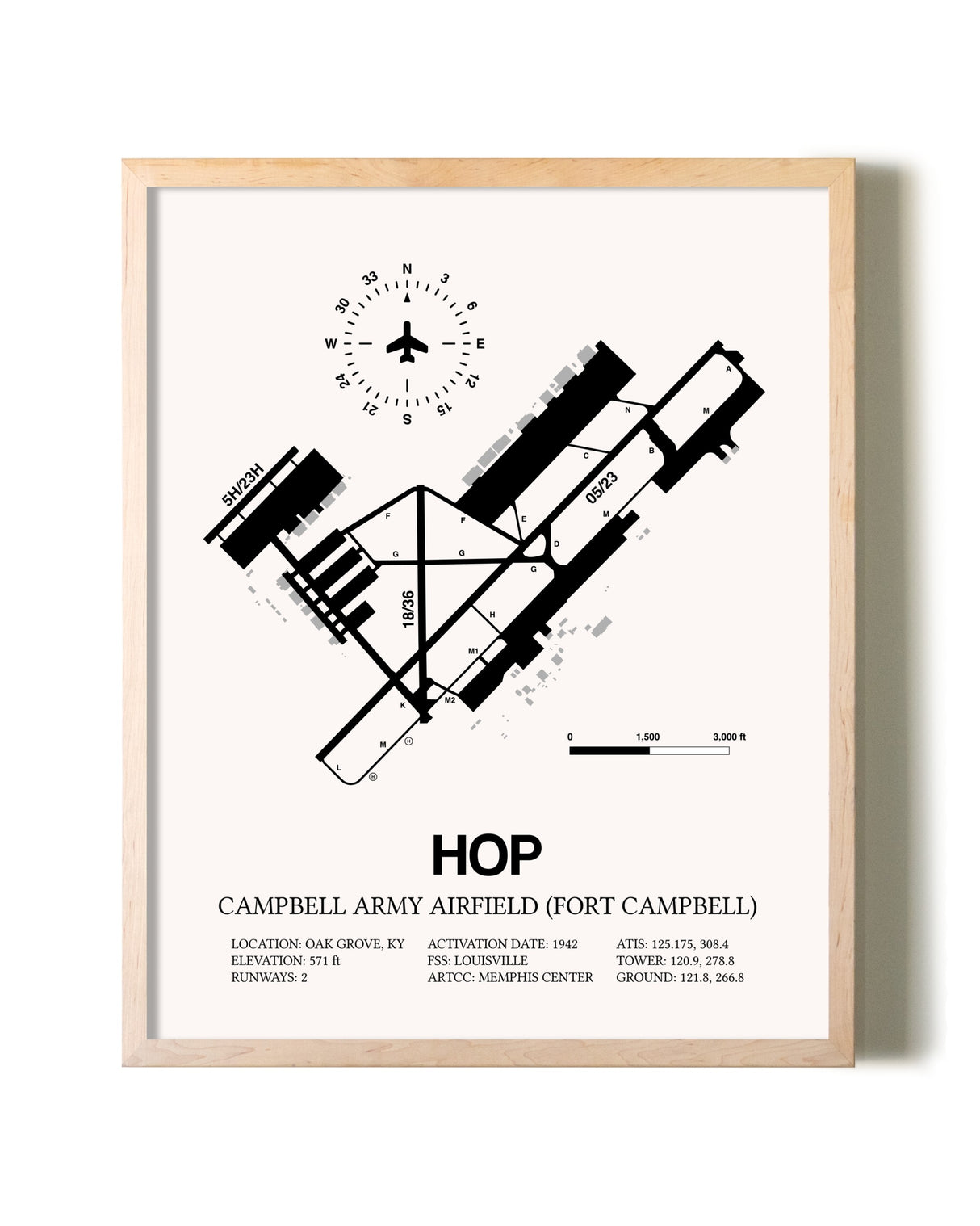 Campbell Army Airfield (Fort Campbell) framed wall art in white frame