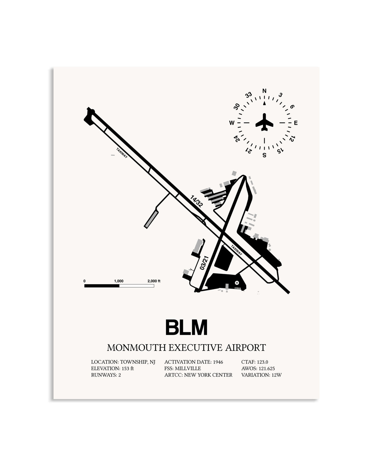 Gray Monmouth Executive Airport framed poster displayed in an airplane hangar