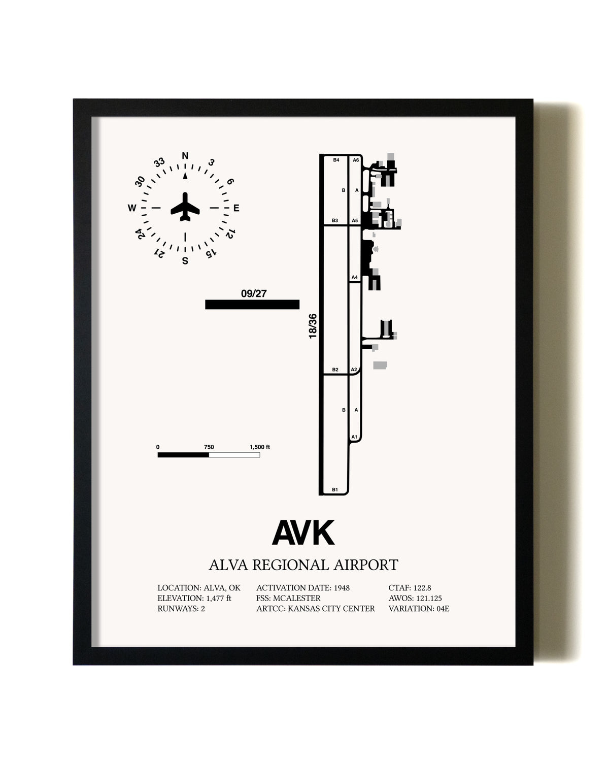 Framed Alva Regional Airport wall art poster in black frame
