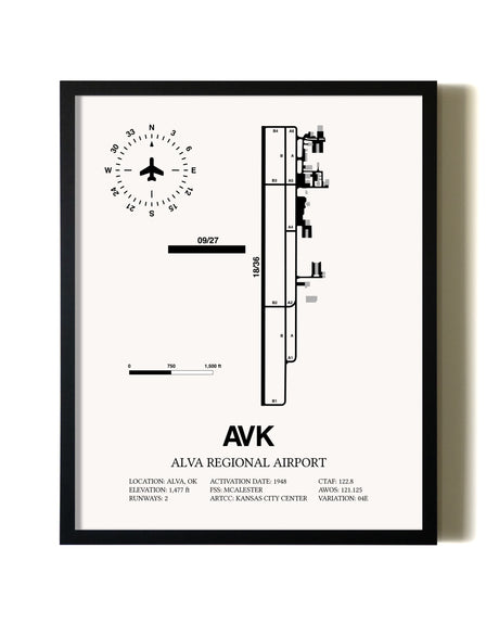 Framed Alva Regional Airport wall art poster in black frame