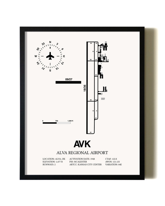 Framed Alva Regional Airport wall art poster in black frame