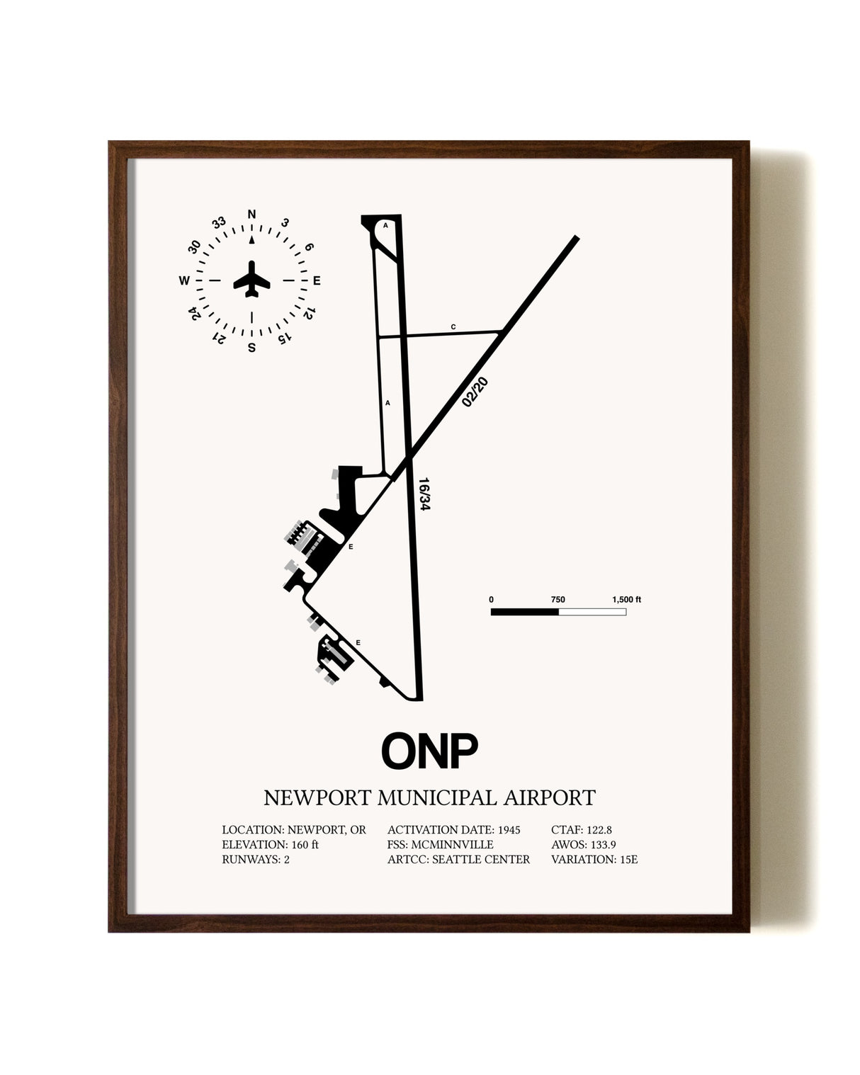 Newport Municipal Airport aviation print in walnut frame