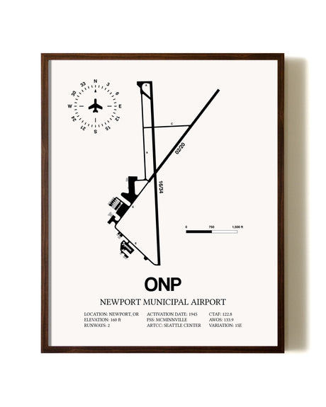 Newport Municipal Airport aviation print in walnut frame