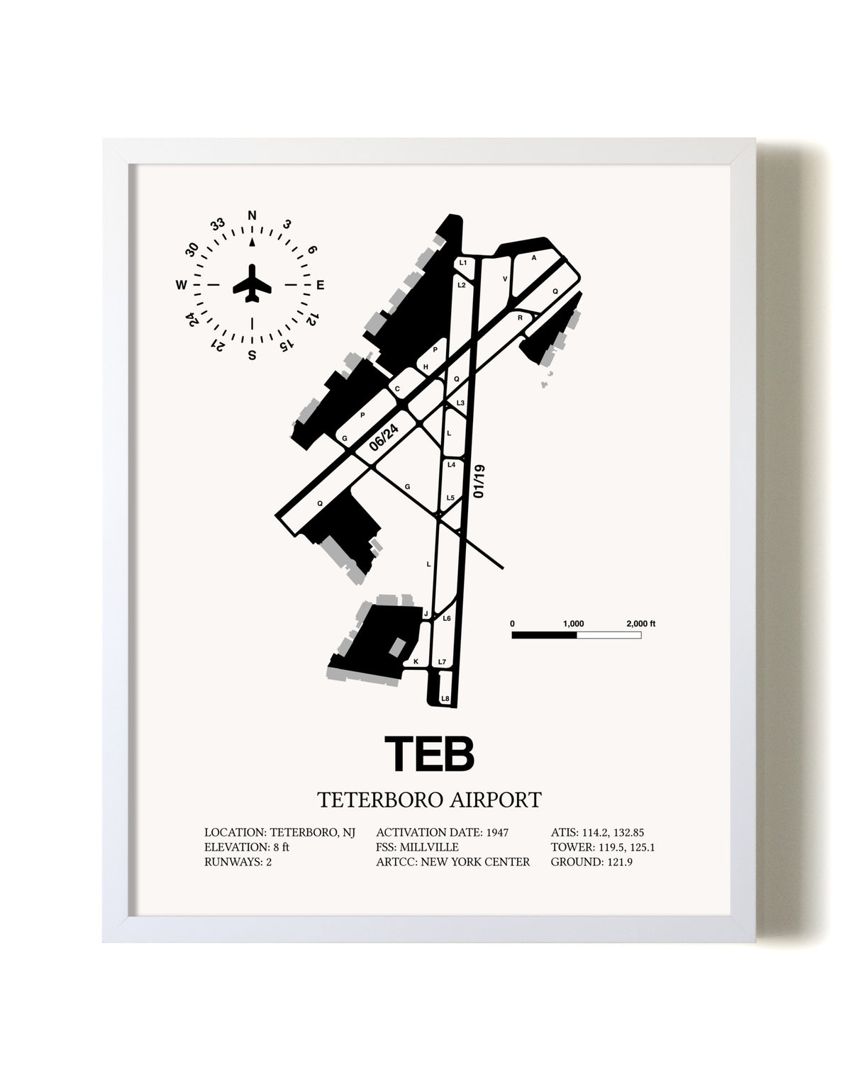 Teterboro Airport airport map poster in oak frame
