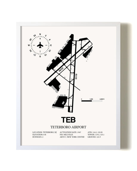 Teterboro Airport airport map poster in oak frame