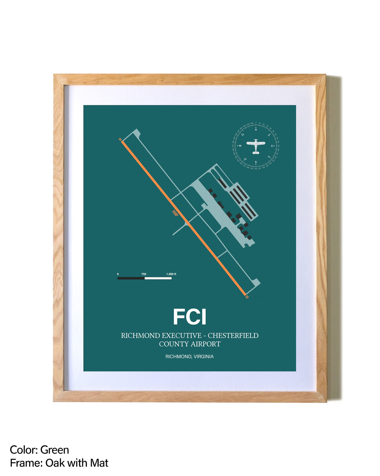 Richmond Executive-Chesterfield County Airport airport map poster in oak frame with mat