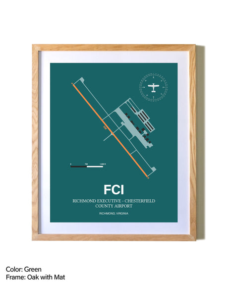 Richmond Executive-Chesterfield County Airport airport map poster in oak frame with mat