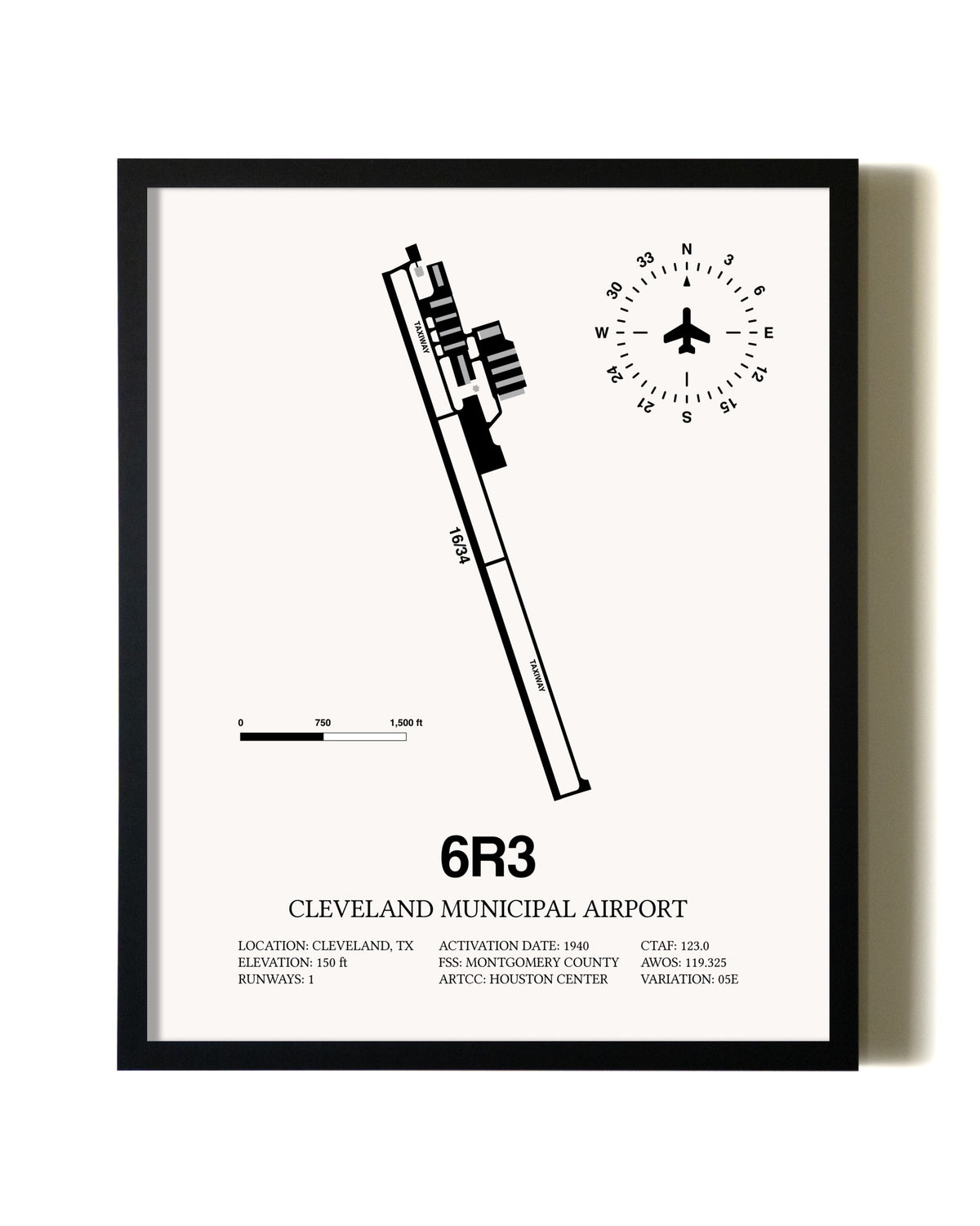 Framed Cleveland Municipal Airport wall art poster in black frame