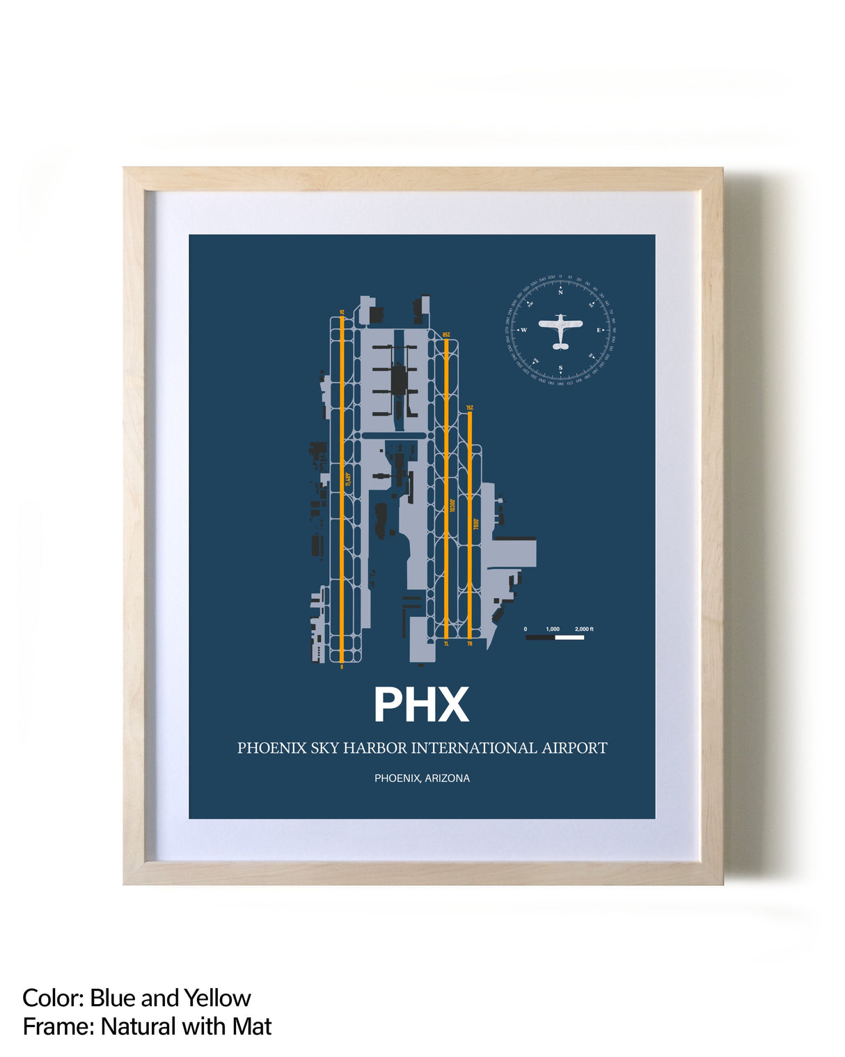 Phoenix Sky Harbor International Airport framed print in natural wood frame with mat