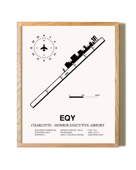 Charlotte-Monroe Executive Airport framed print in natural wood frame