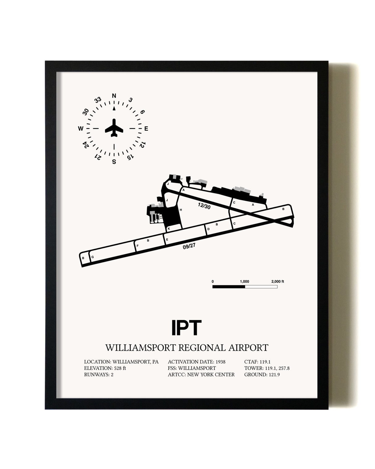 Framed Williamsport Regional Airport wall art poster in black frame