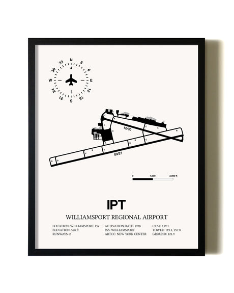 Framed Williamsport Regional Airport wall art poster in black frame