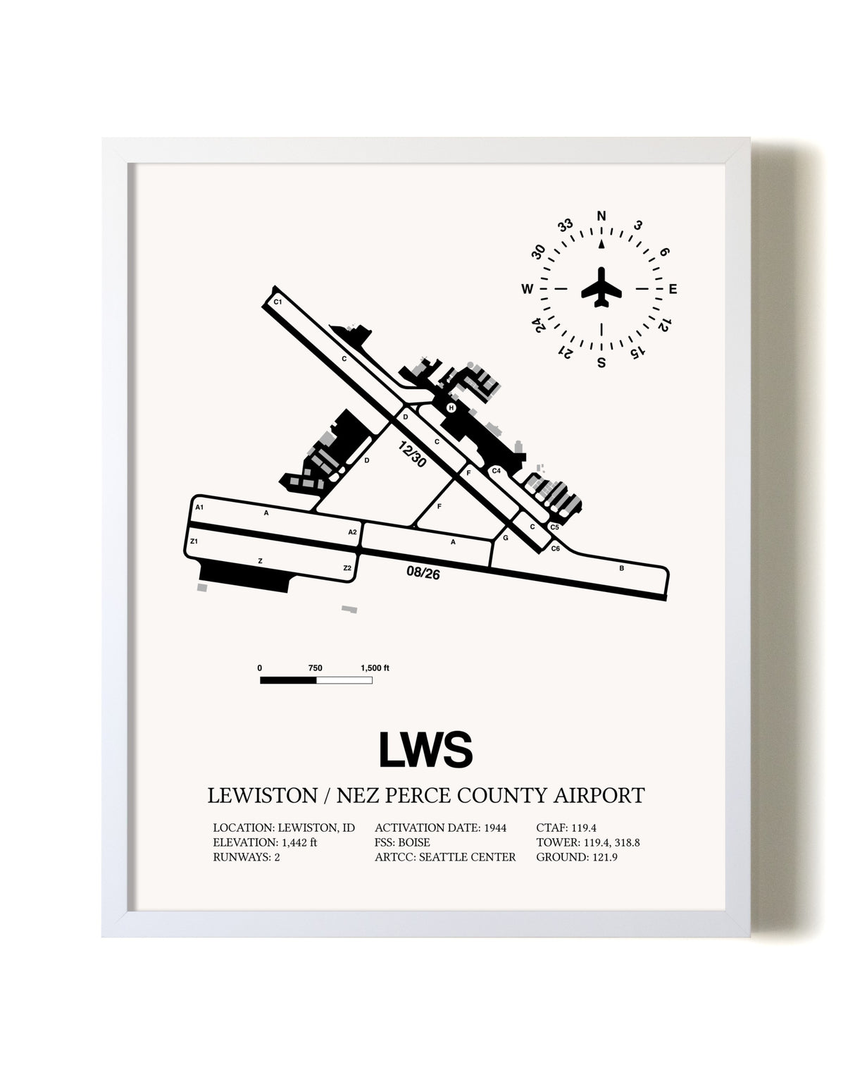 Lewiston / Nez Perce County Airport airport map poster in oak frame