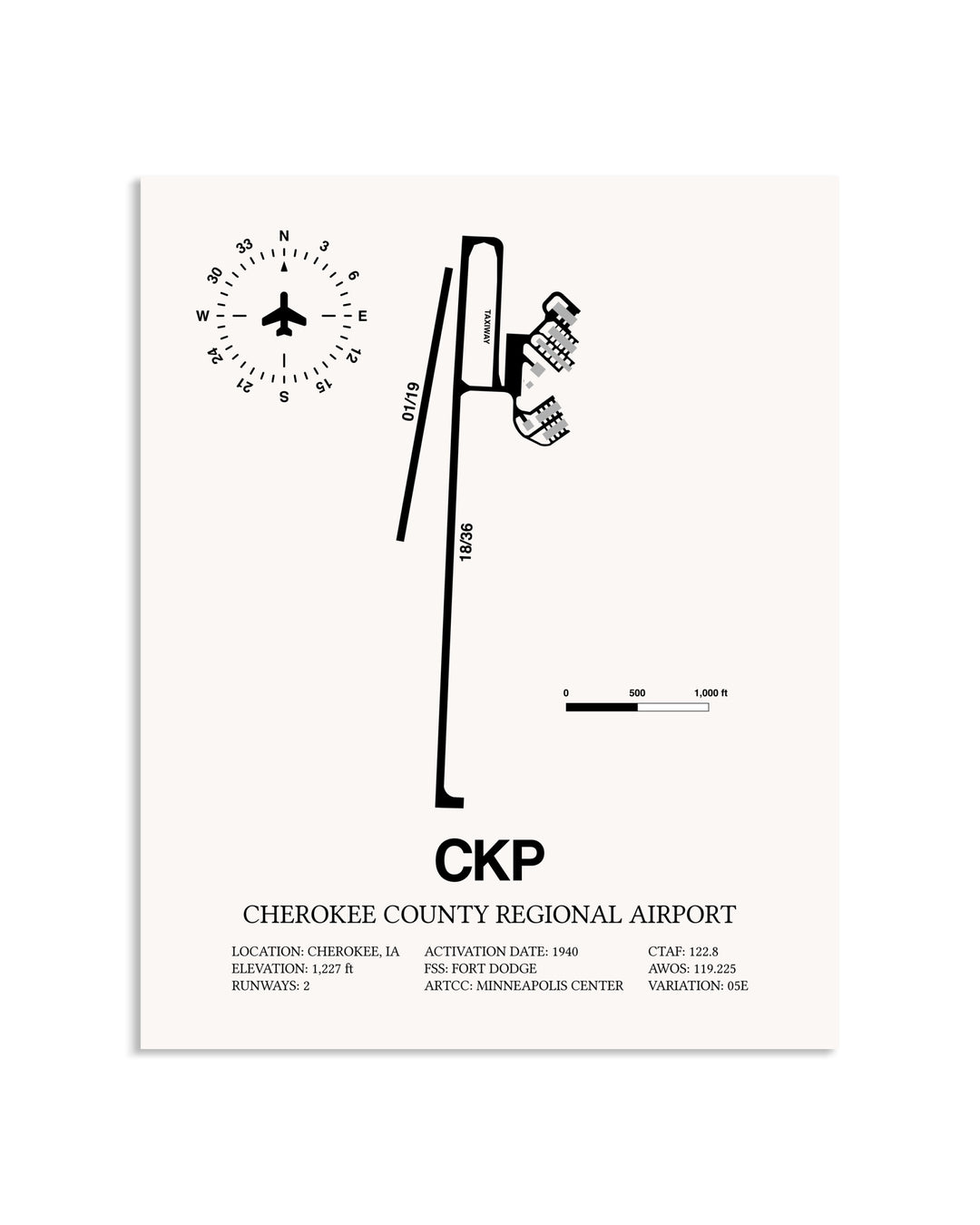 Gray Cherokee County Regional Airport framed poster displayed in an airplane hangar