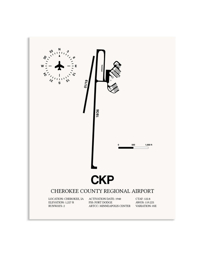 Gray Cherokee County Regional Airport framed poster displayed in an airplane hangar
