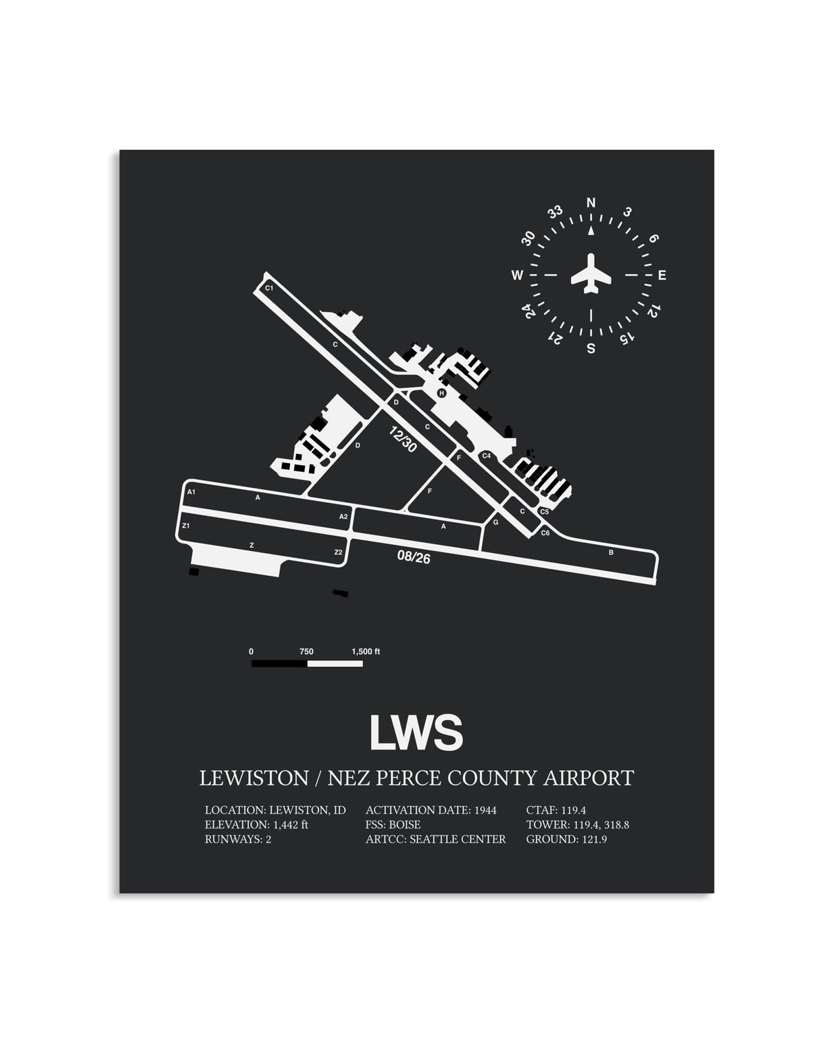 Gray Framed Lewiston / Nez Perce County Airport layout wall art poster