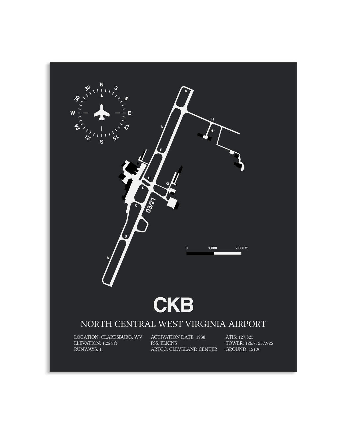 Gray Framed North Central West Virginia Airport layout wall art poster