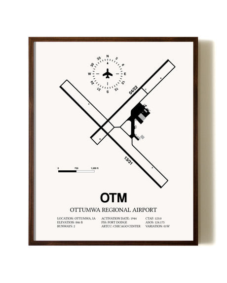 Ottumwa Regional Airport aviation print in walnut frame