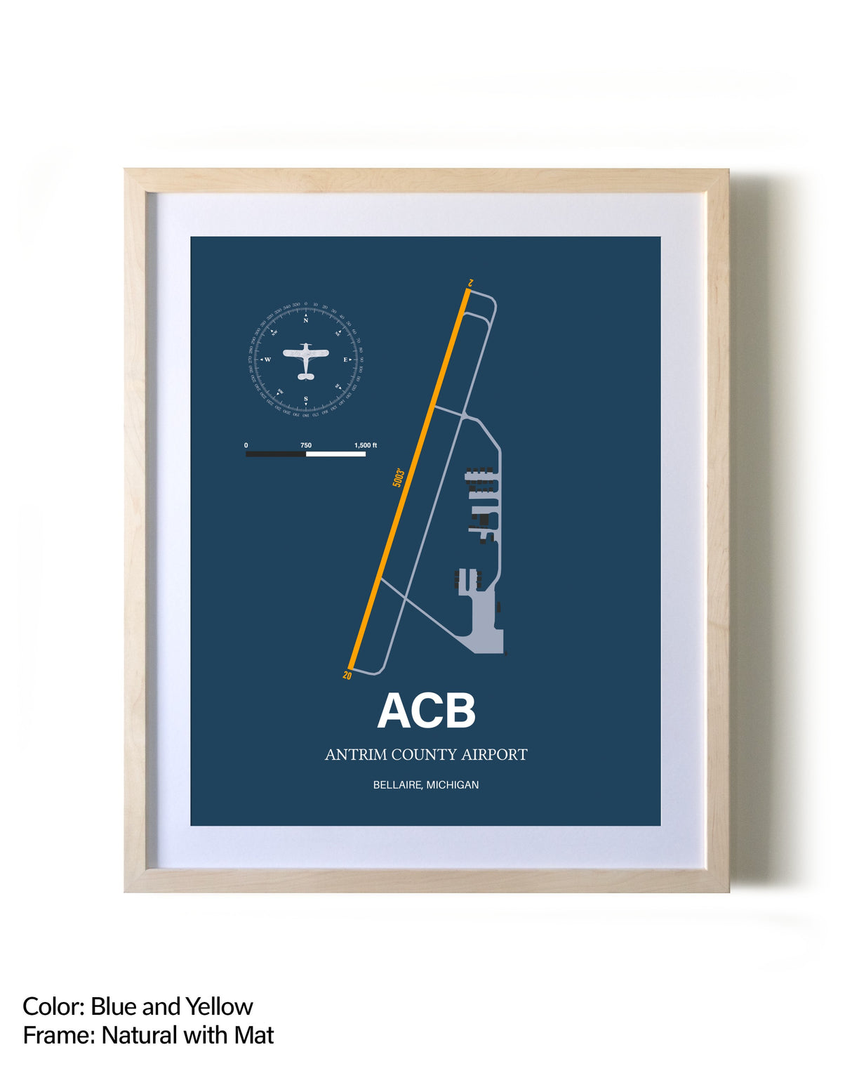Antrim County Airport framed print in natural wood frame with mat