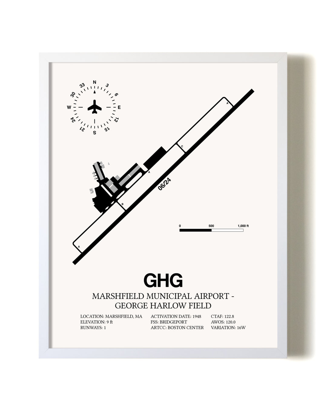 Marshfield Municipal Airport-George Harlow Field airport map poster in oak frame