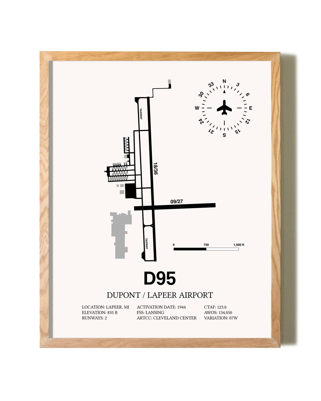 Dupont / Lapeer Airport framed print in natural wood frame