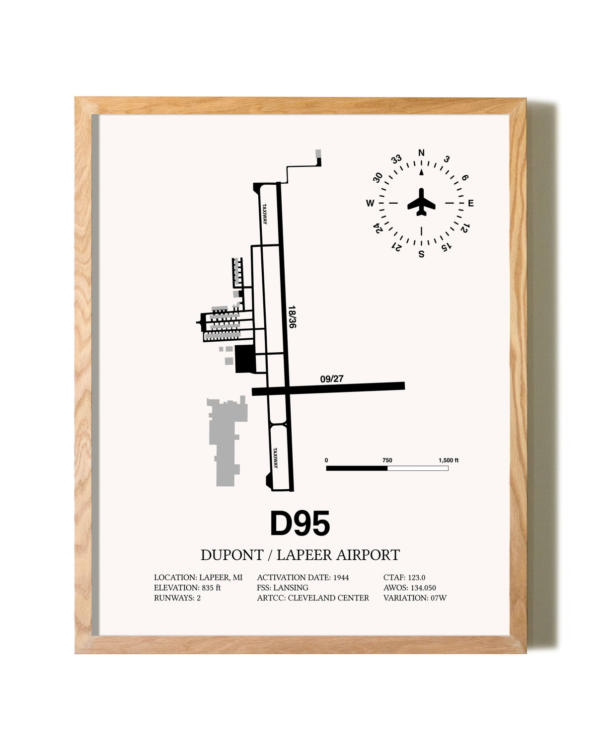Dupont / Lapeer Airport framed print in natural wood frame