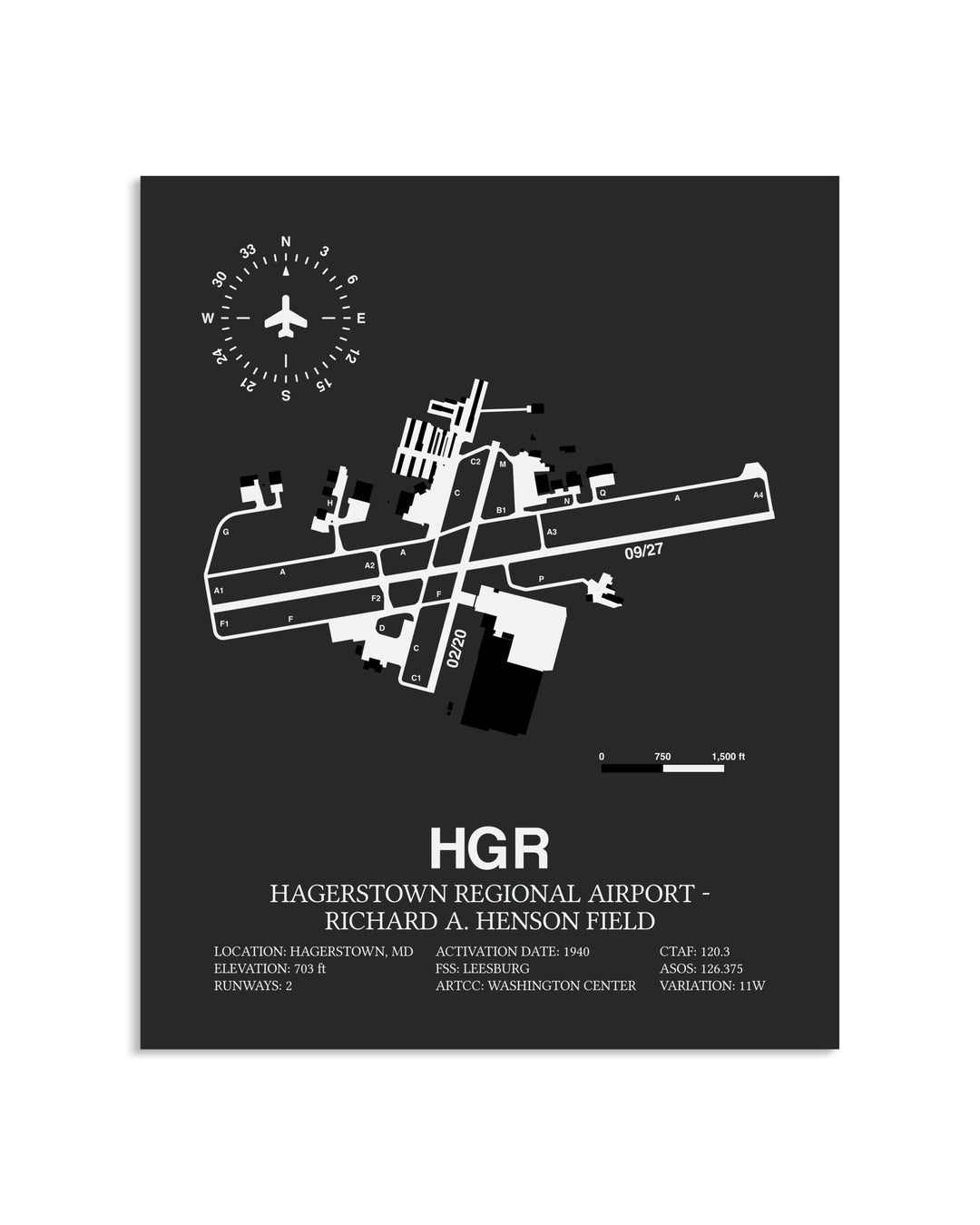 Gray Framed Hagerstown Regional Airport-Richard A. Henson Field layout wall art poster