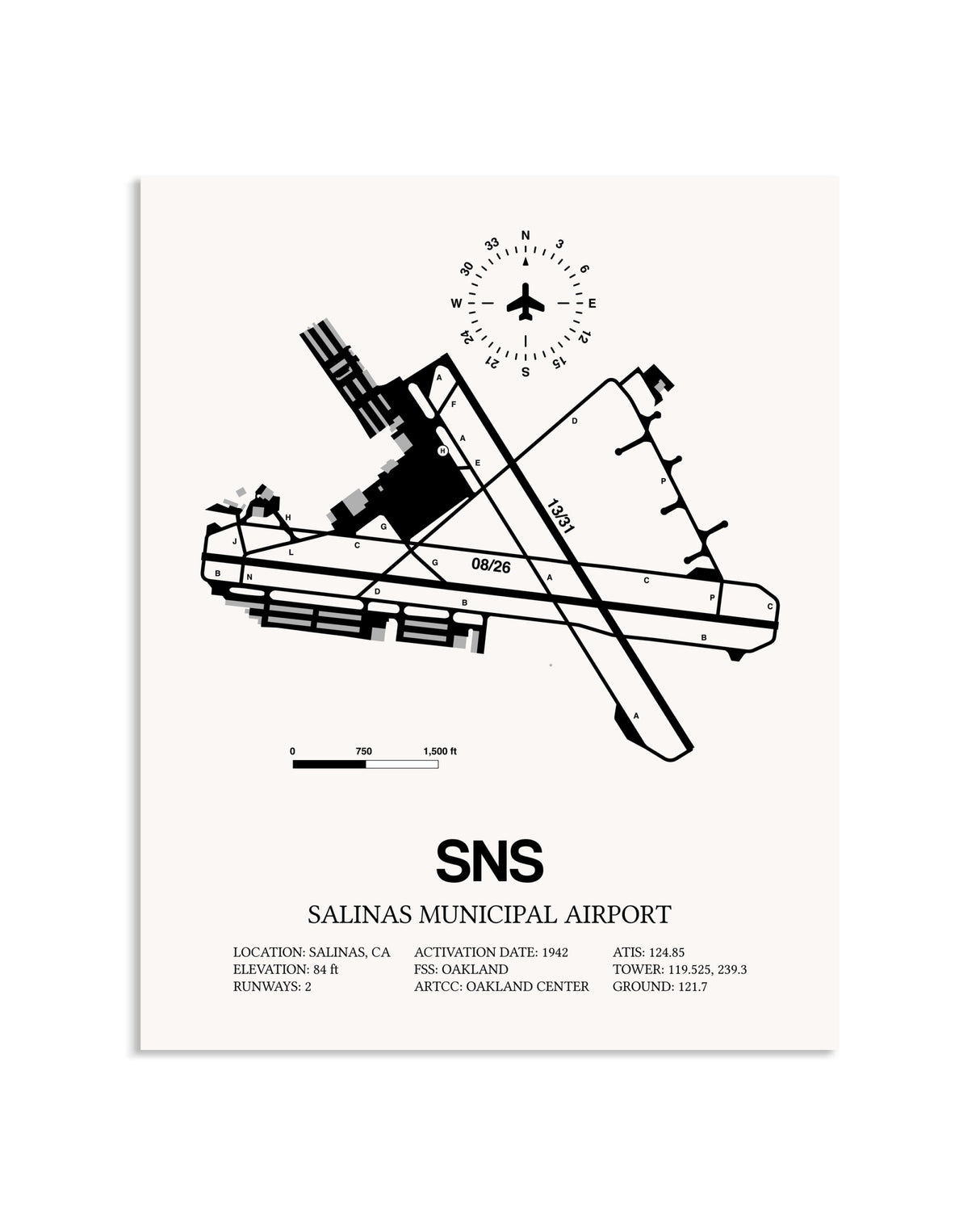 Gray Salinas Municipal Airport framed poster displayed in an airplane hangar