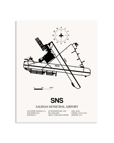Gray Salinas Municipal Airport framed poster displayed in an airplane hangar