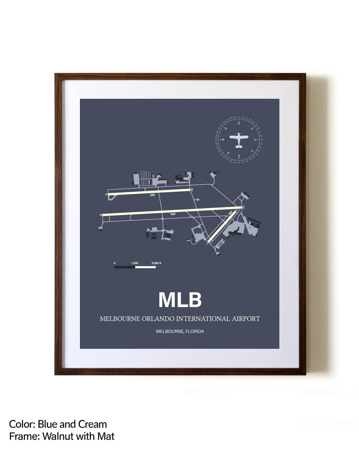 Melbourne Orlando International Airport aviation print in walnut frame with mat