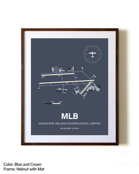 Melbourne Orlando International Airport aviation print in walnut frame with mat
