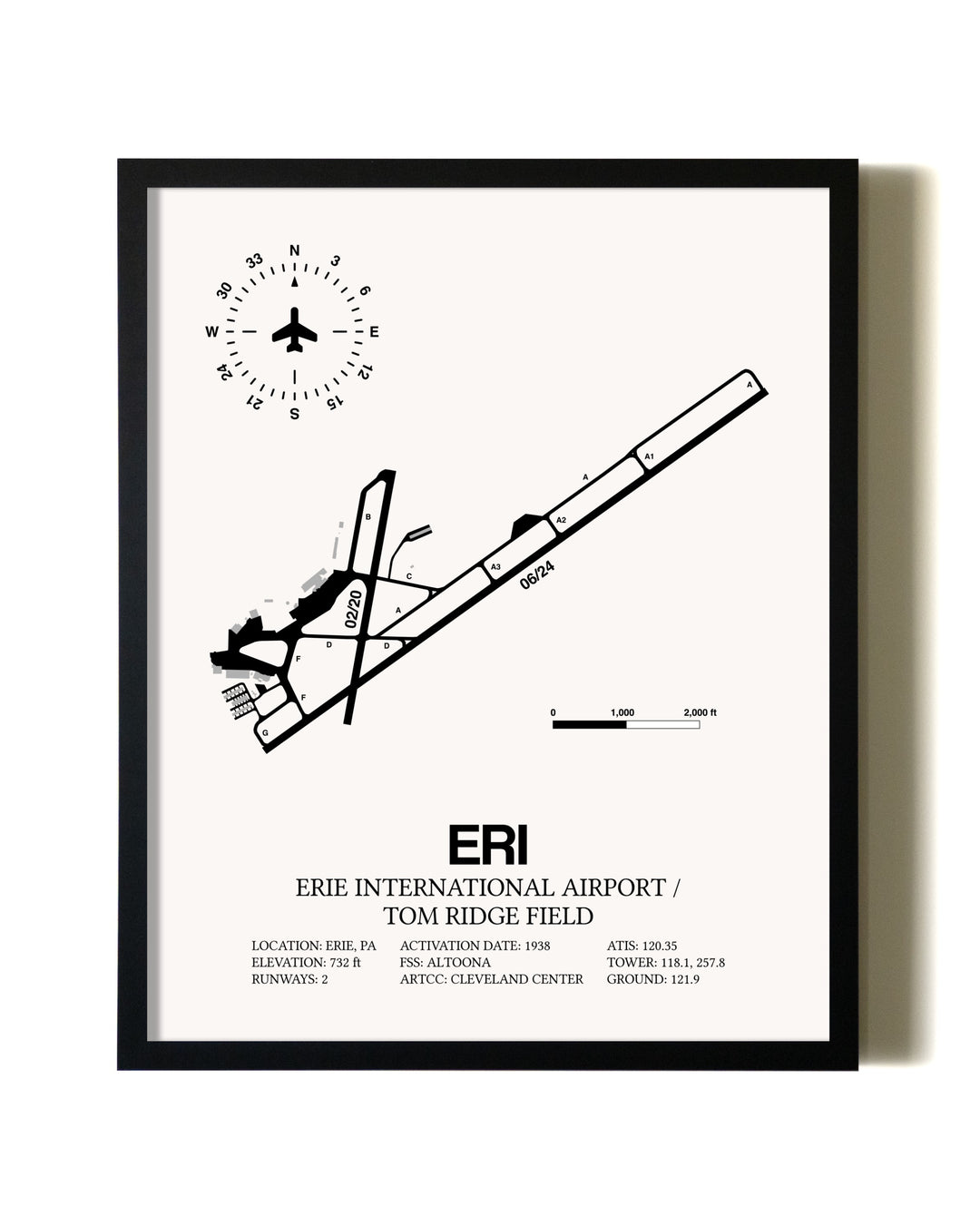 Framed Erie International Airport / Tom Ridge Field wall art poster in black frame