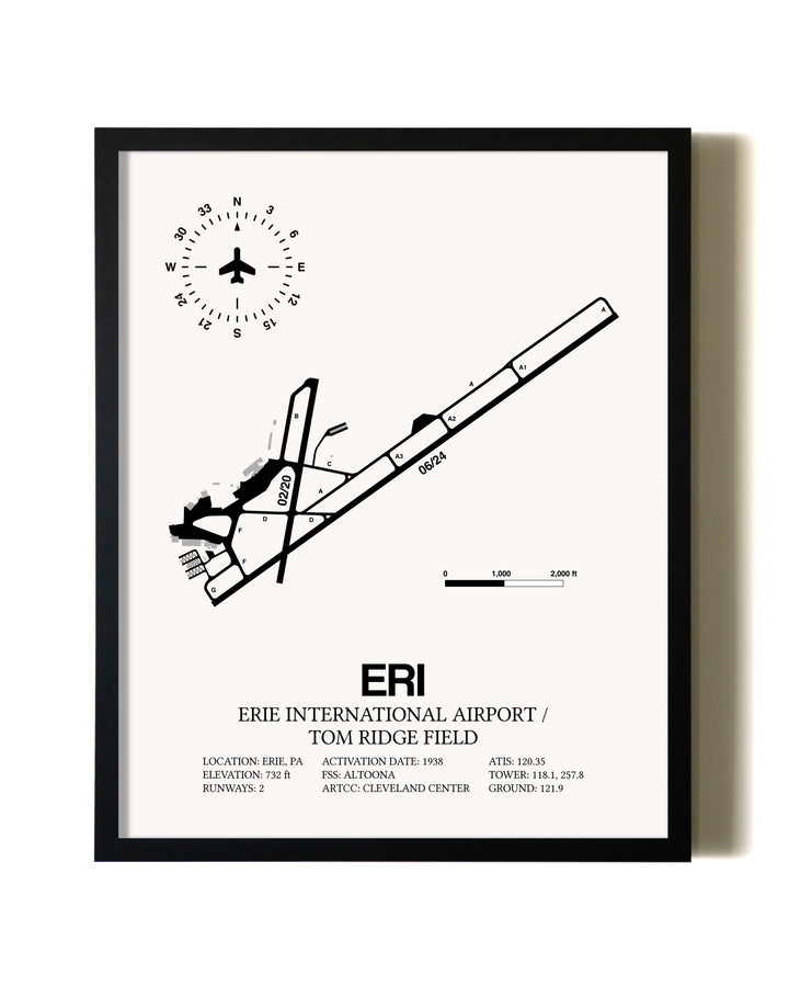 Framed Erie International Airport / Tom Ridge Field wall art poster in black frame