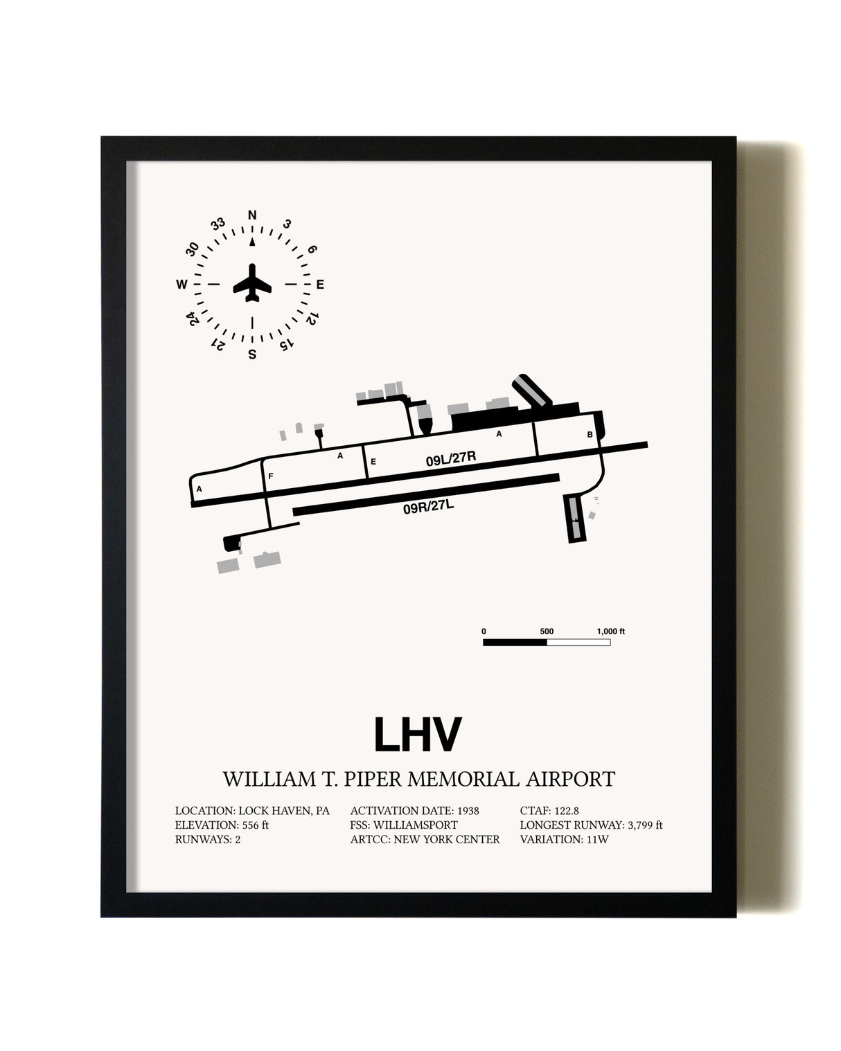 Framed William T. Piper Memorial Airport wall art poster in black frame