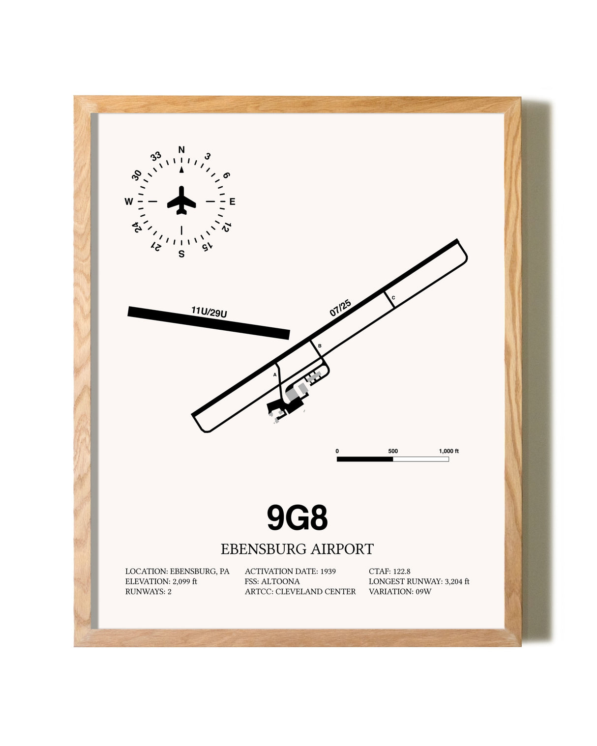 Ebensburg Airport framed print in natural wood frame