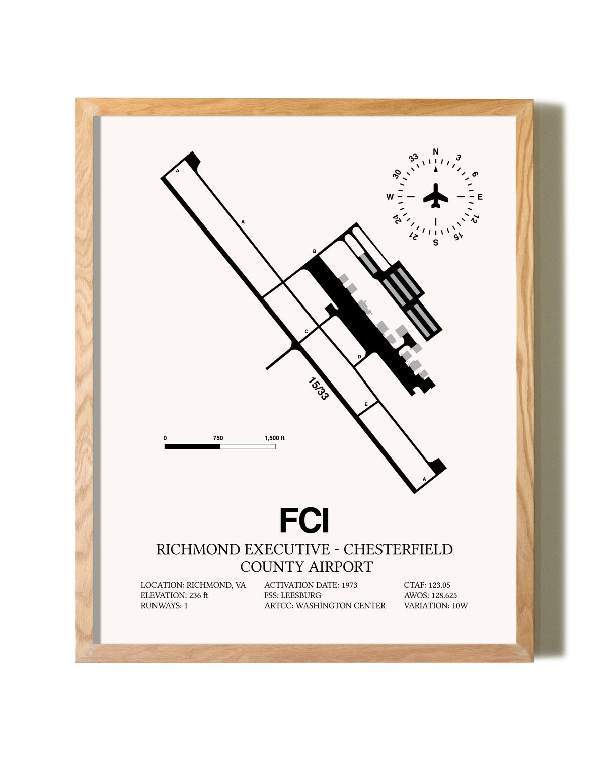 Richmond Executive-Chesterfield County Airport framed print in natural wood frame
