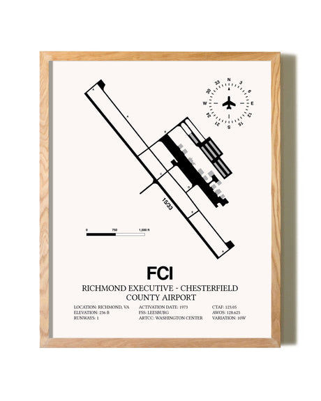 Richmond Executive-Chesterfield County Airport framed print in natural wood frame